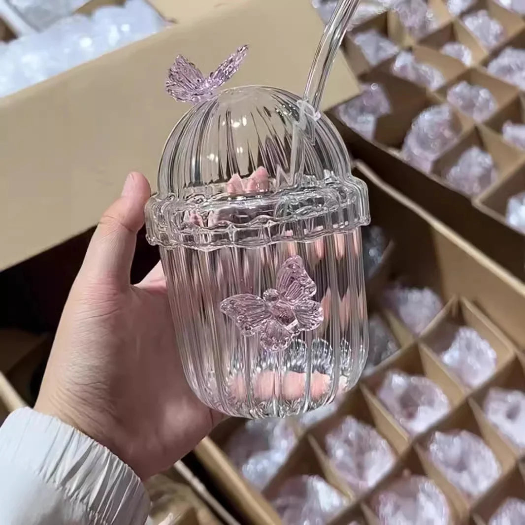 1PCS 400ML Drinking Glass Cup Set with Butterfly Design for Iced Coffee, Juice, Tea & Milk, Perfect Birthday and Holiday Gifts Good Vibrations