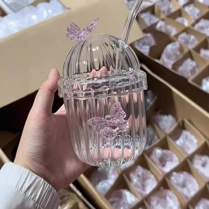 1PCS 400ML Drinking Glass Cup Set with Butterfly Design for Iced Coffee, Juice, Tea & Milk, Perfect Birthday and Holiday Gifts Good Vibrations