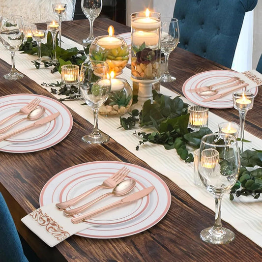 700 Piece Rose Gold Dinnerware Set for 100 Guests, Plastic Plates Disposable for Party, Include: 100 Dinner Plates Good Vibrations