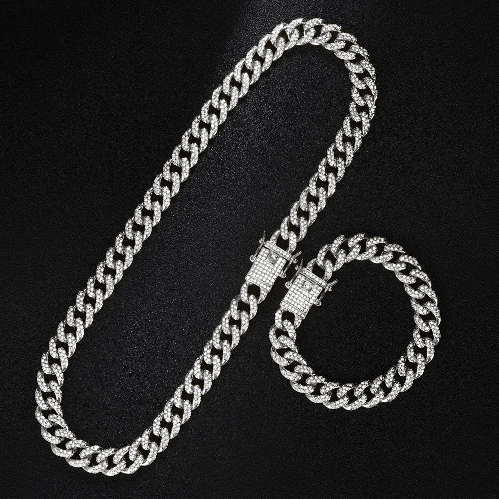 13mm Necklace +Watch+Bracelet Hip Hop Miami Cuban Chain Iced Out Paved Rhinestone CZ Bling Rapper For Men Jewelry KIT Jewelry Good Vibrations