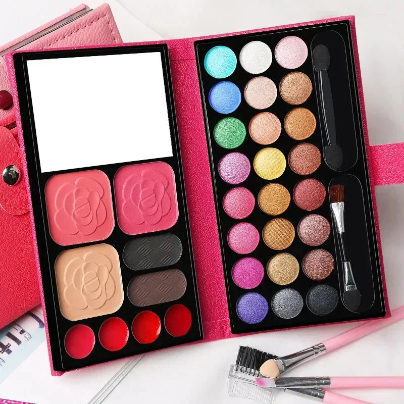 33 colors eye shadow palette with blush and lipstick set in pink case with mirror and applicators for kids and beginners