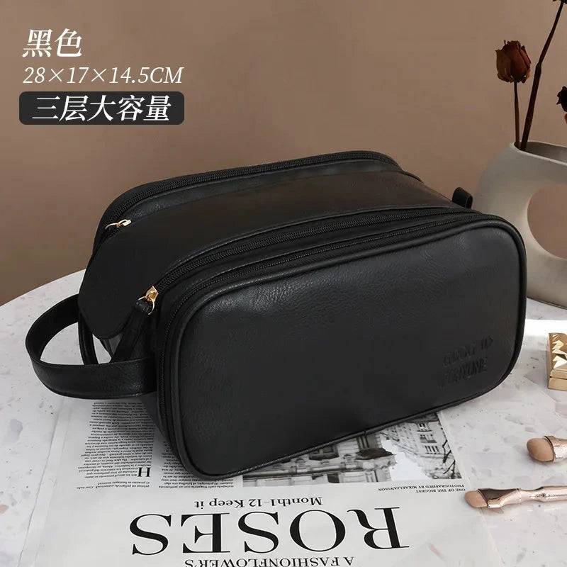 Multifunctional Makeup Bag For Women PU Leather Large Capacity Portable Double Zipper Travel Makeup Brush Toiletries Storage Bag Good Vibrations
