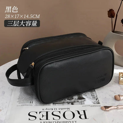 Multifunctional Makeup Bag For Women PU Leather Large Capacity Portable Double Zipper Travel Makeup Brush Toiletries Storage Bag Good Vibrations