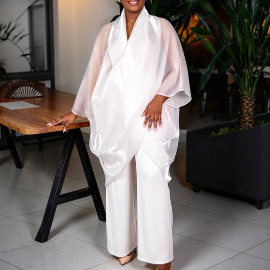 Women's Two-Piece Pant Set Satin Chiffon Outfit Draped Sheer Kimono Top and High Waist Wide Leg Pants Elegant Flowy Set Formal Good Vibrations
