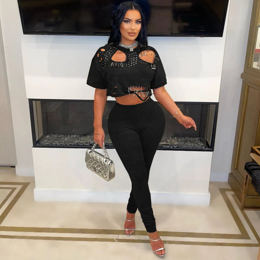 Women's Fashion White Two Piece Set Solid Loose Round Neck Piercing Pin Short T-shirt Pants 2026 Spring/Summer Set Red Black Good Vibrations