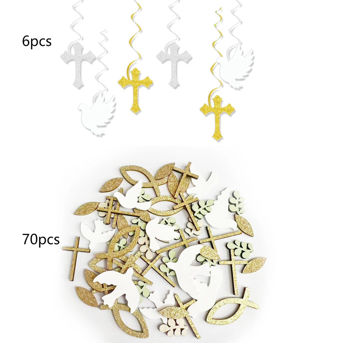 Religious Party Decor Set First Communion Baptism Hanging Swirls & Wooden Confetti Cross Dove Star for Christian Party Supplies Good Vibrations