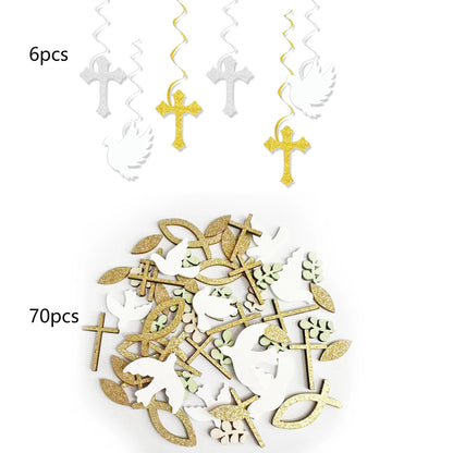 Religious Party Decor Set First Communion Baptism Hanging Swirls & Wooden Confetti Cross Dove Star for Christian Party Supplies Good Vibrations