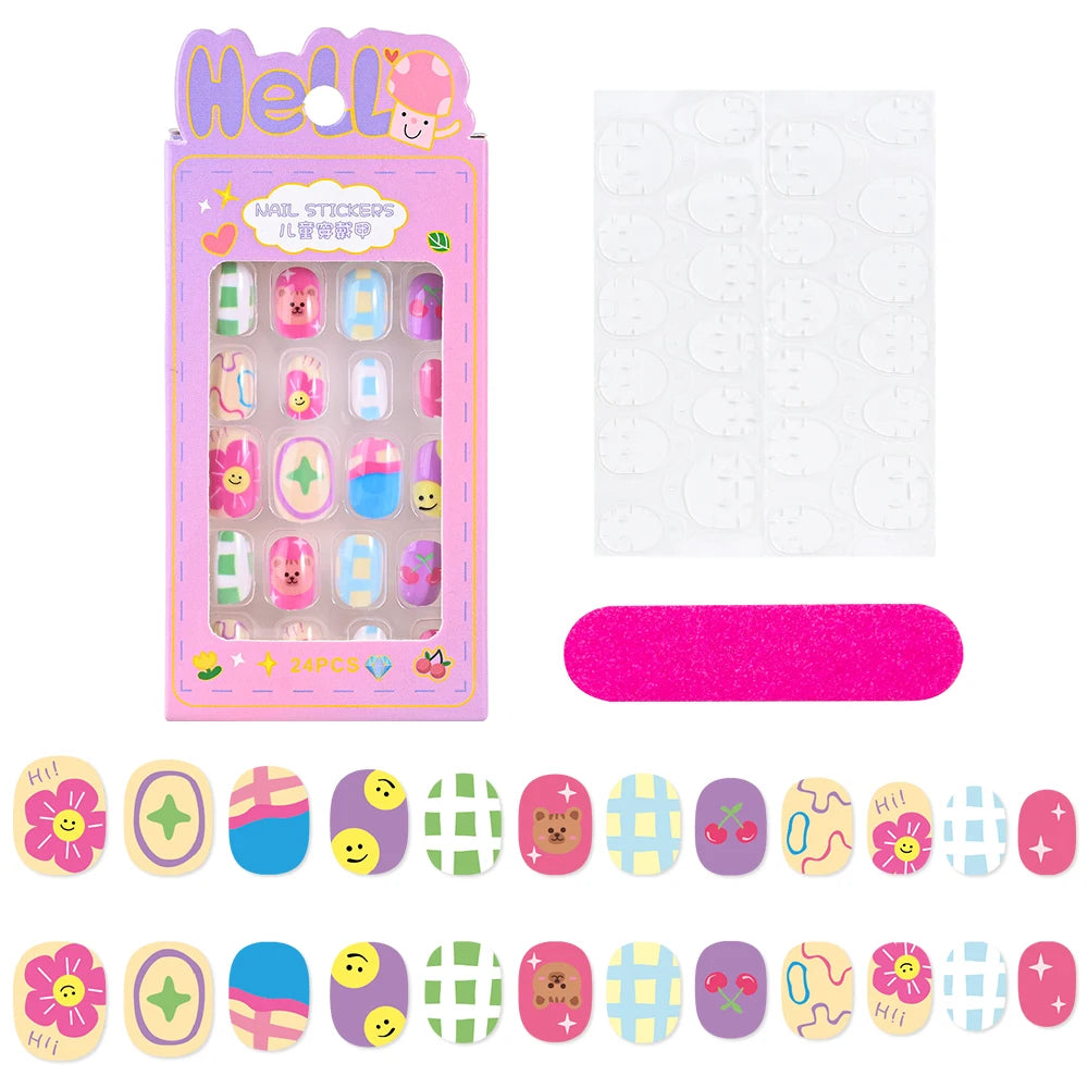 24Pcs/box Kids nails for Girl Cartoon Pattern False Nail Cute Child Fake Nails Tips Kawaii Acrylic Artificial Press on Nail+Tool Good Vibrations