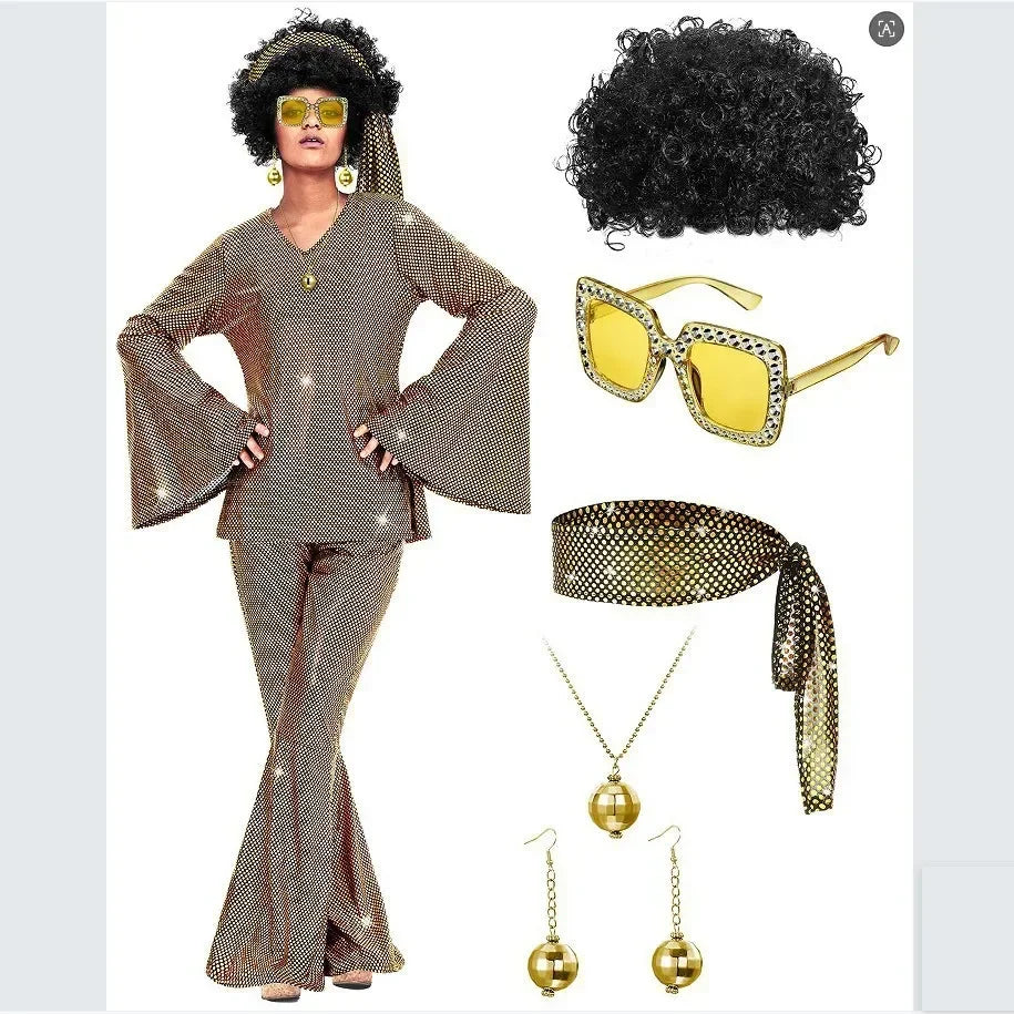 70s Women Disco Outfit Costume Disco Party Top Pants Sunglasses Ball Necklace Earring Wig for Halloween Easter Party Dress Up Good Vibrations