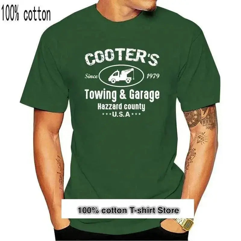 Green cotton t-shirt with "Cooter's Towing & Garage" print, inspired by Dukes of Hazzard, short sleeve casual style.