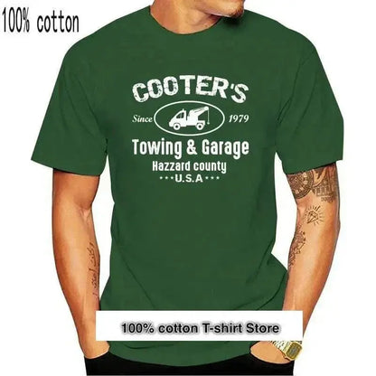 Green cotton t-shirt with "Cooter's Towing & Garage" print, inspired by Dukes of Hazzard, short sleeve casual style.