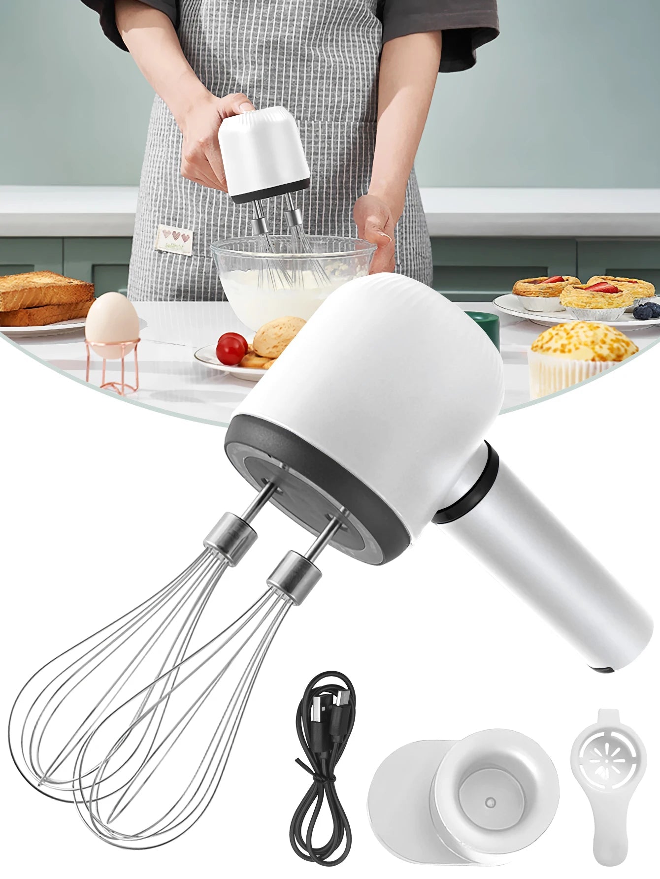 USB Rechargeable Electric Hand Blender Wireless Portable Hand Whisk Rechargeable 3-Speed And 2 Whisk For Baking Whisk Milk Cream Good Vibrations