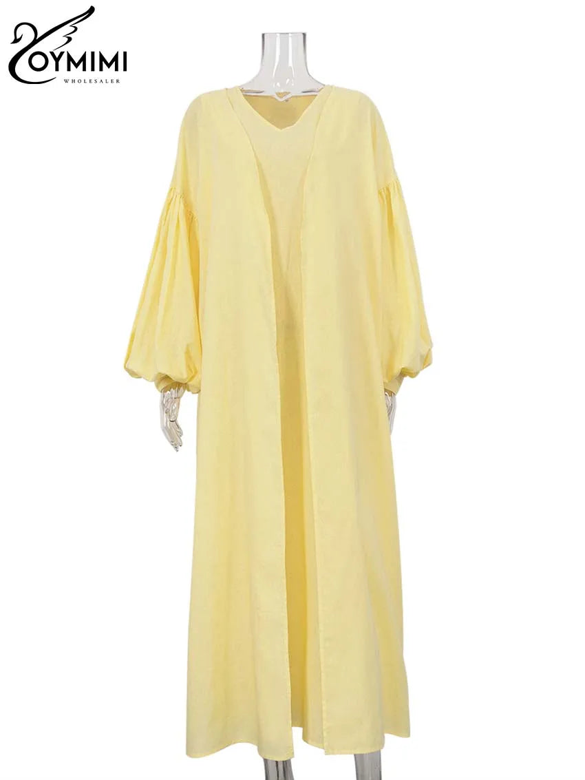Oymimi Elegant Yellow Cotton Hemp 2 Pc Sets Womens Outfits Casual Puff Sleeve Robe And V-Neck Sleeveless Floor-Length Dress Sets