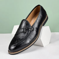 Men's Formal Leather Shoes British Style Poop Loafers Over-The-Foot Pointed Toe Breathable Non-Slip Business Casual Wedding Office Black Shoes Good Vibrations