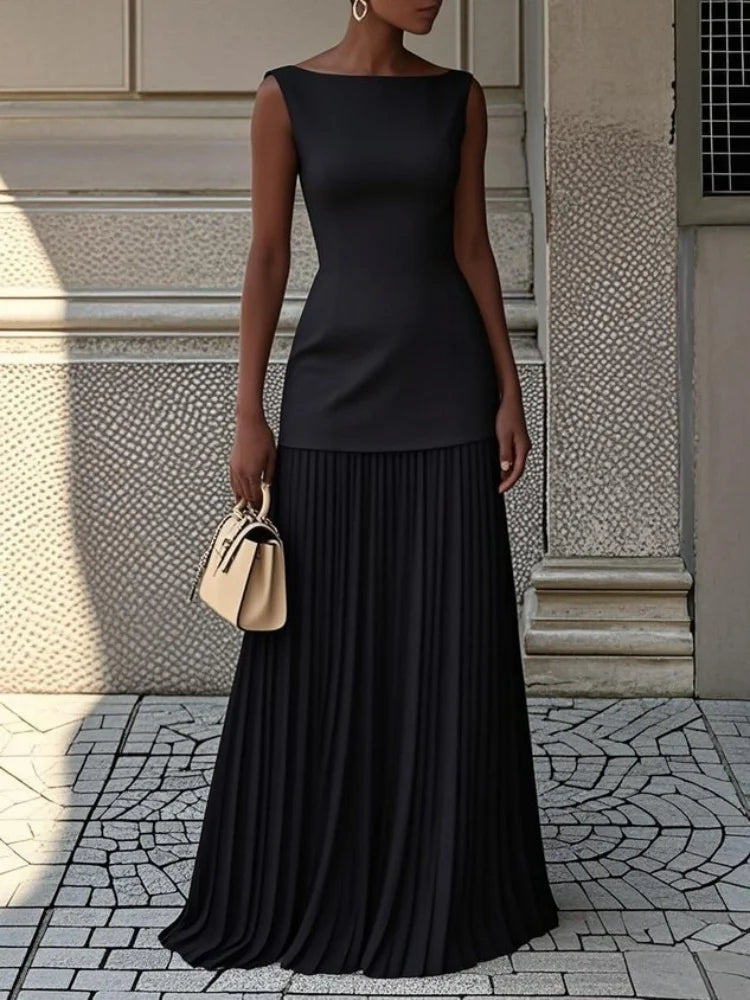 Two-piece Set Women Elegant Solid Splice Pleated Skirts Set Sexy Slash Neck Sleeveless Tank Hollow Slim Maxi Skirts Good Vibrations
