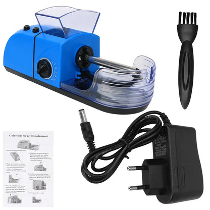 Blue cigarette rolling machine with plug, brush, and user manual included.