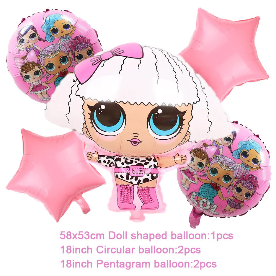 Girl Surprise Theme Backdrop Cute Shiny Doll Birthday Party Decoration Pink Latex Balloon Disposable Tableware Plate Cake Topper Good Vibrations