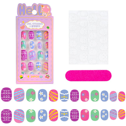 24Pcs/box Kids nails for Girl Cartoon Pattern False Nail Cute Child Fake Nails Tips Kawaii Acrylic Artificial Press on Nail+Tool Good Vibrations