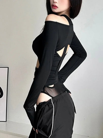 Hollow out sexy black bodysuit lingerie with long sleeves, ideal for club and rave outfits.