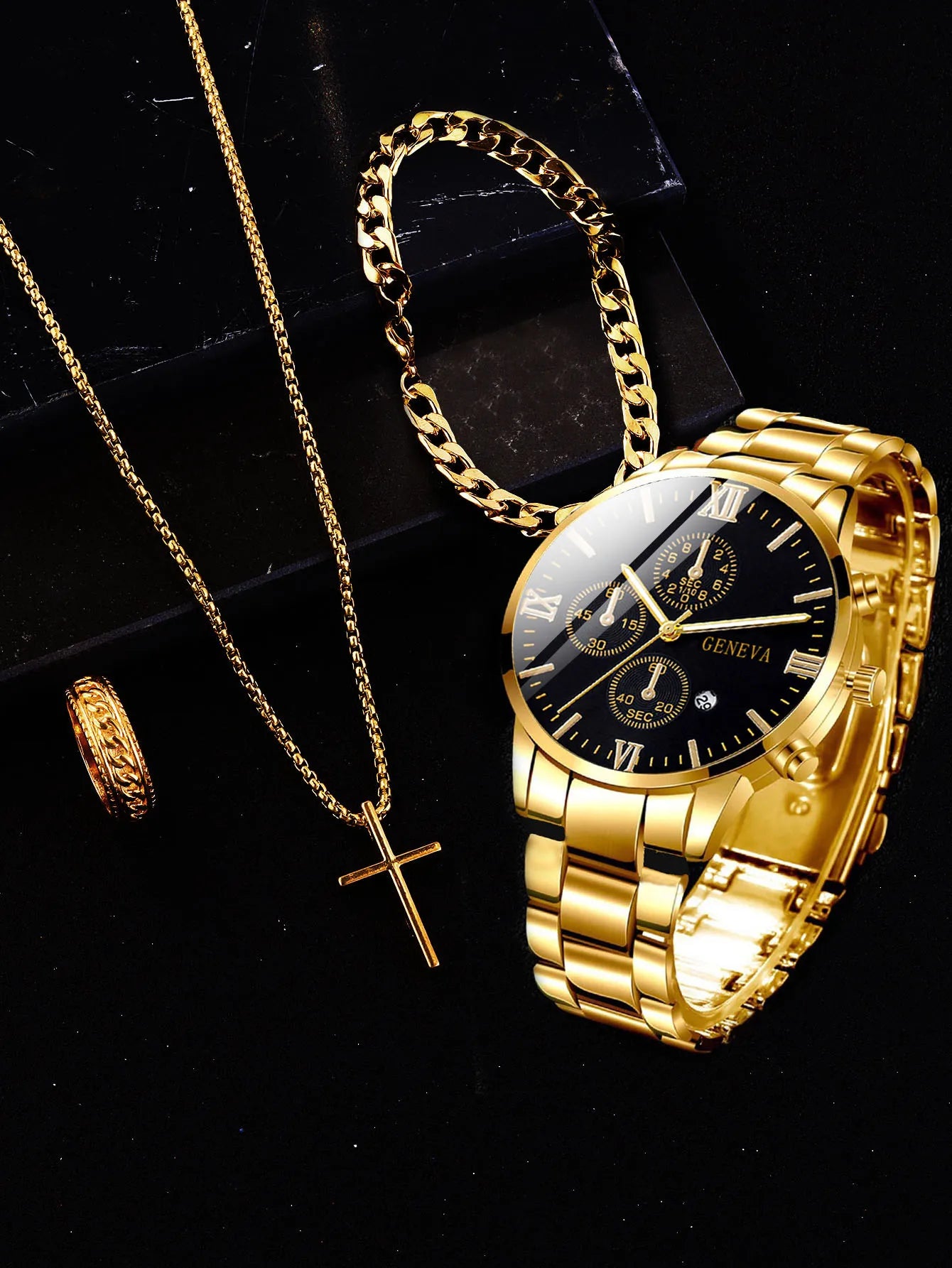 4pcs gold alloy Roman with calendar men's quartz watch and cross necklace bracelet ring set selected gift Good Vibrations
