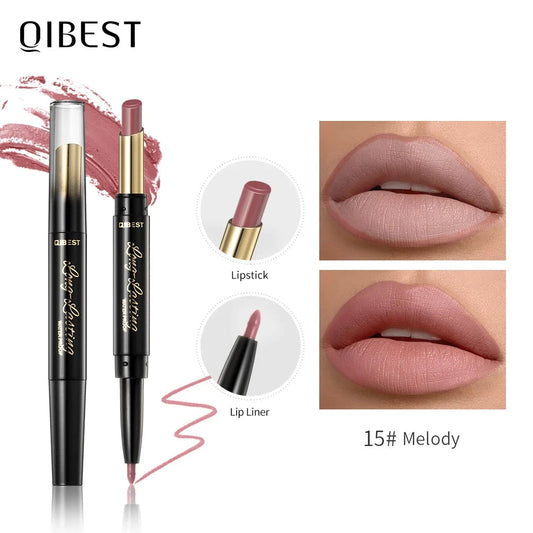 QIBEST 2 In 1 Matte Lipstick Lip Liner Nude Lipliner Makeup Waterproof Lipstick Pen Long Lasting Lip Pencil Makeup Lips Cosmetic Good Vibrations