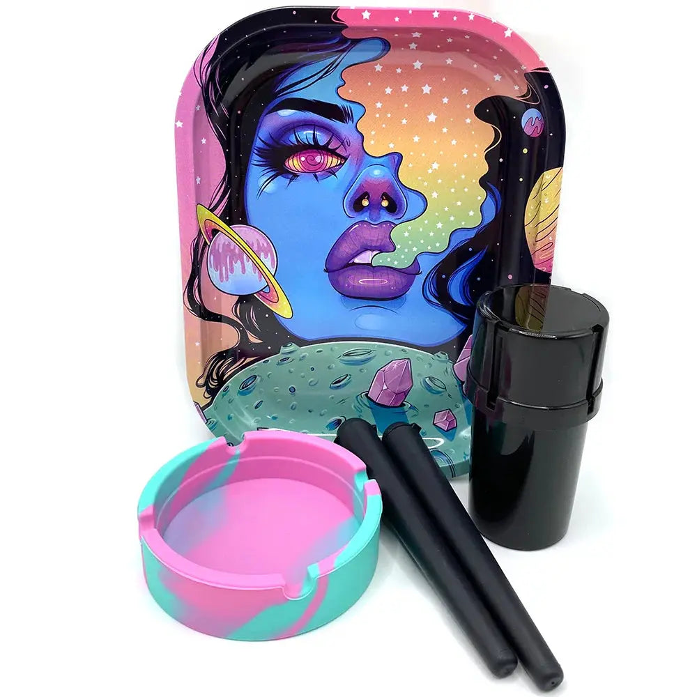 Cigarette plastic herb grinder set with colorful rolling tray, silicone ashtray, and storage tube.