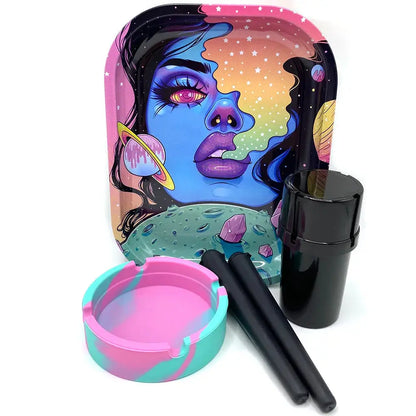 Cigarette plastic herb grinder set with colorful rolling tray, silicone ashtray, and storage tube.