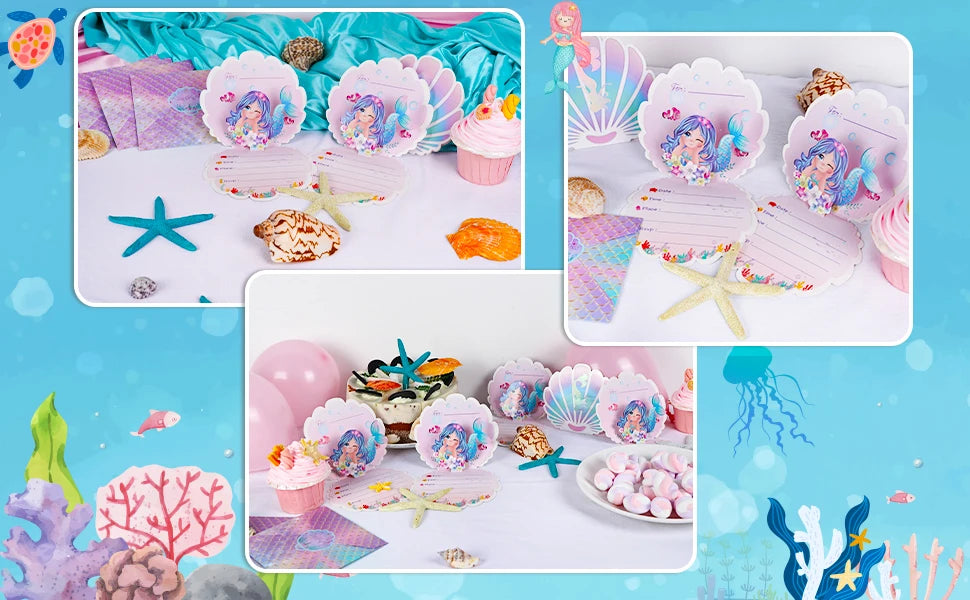 Mermaid Birthday Invitations Girls,3D Pearlescent Invitations Mermaid Party Supplies for Under the Sea Ocean Party Decorations Good Vibrations