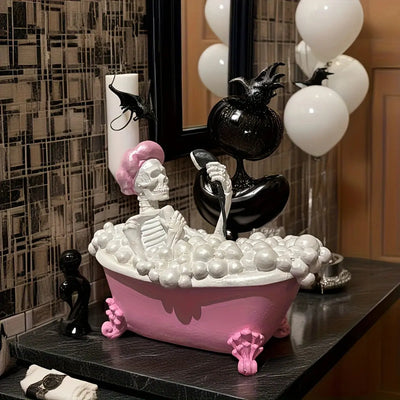 Pink Bathtub Ghost Decor - Cute Gothic Skeleton Resin Figurine, Spooky Halloween Ornament for Bathroom