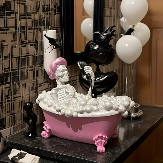Pink Bathtub Ghost Decor - Cute Gothic Skeleton Resin Figurine, Spooky Halloween Ornament for Bathroom Good Vibrations