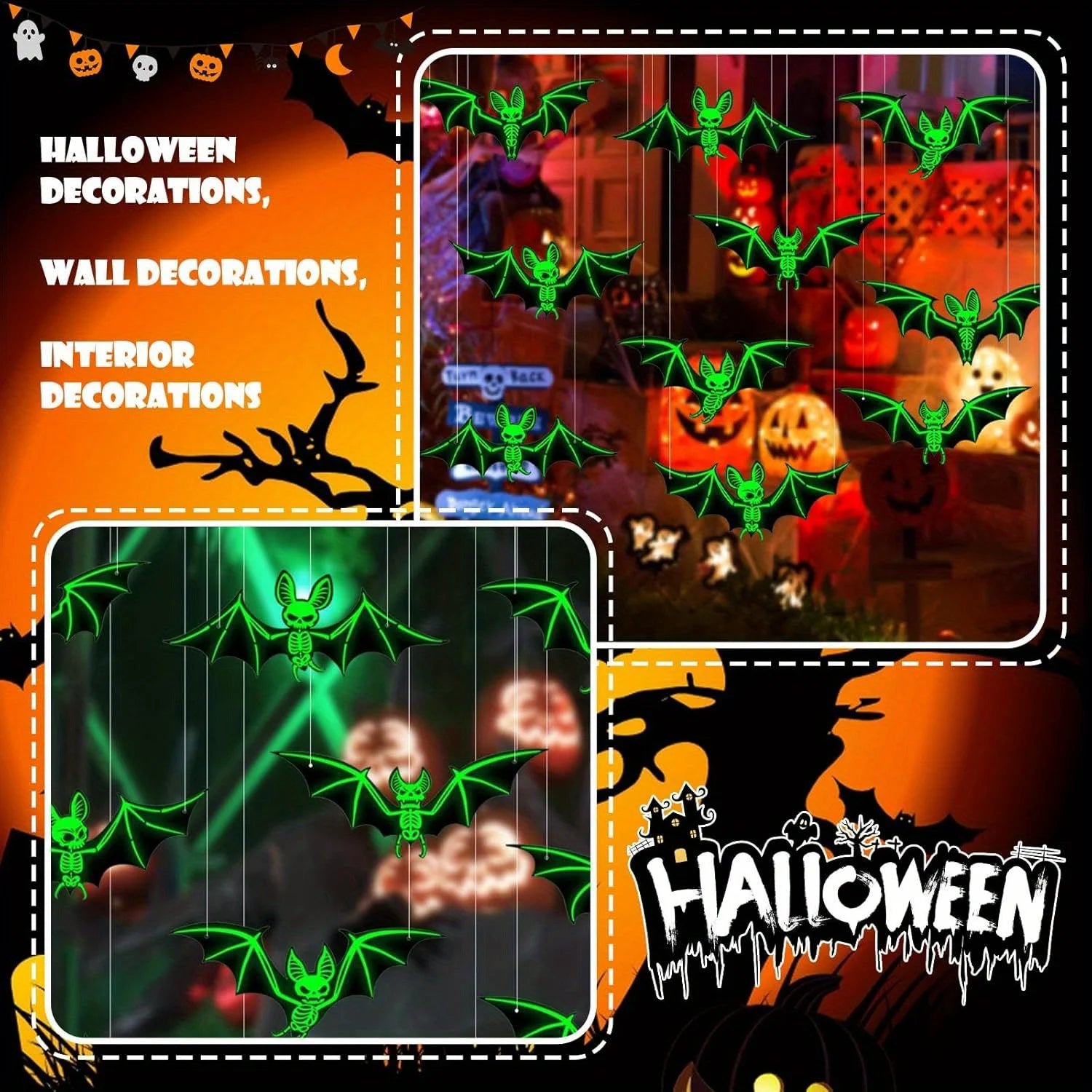 10pcs Halloween Hanging Glow-in-the-Dark Bats - 3D Glowing Green Plastic Decorations for Haunted House Parties Good Vibrations