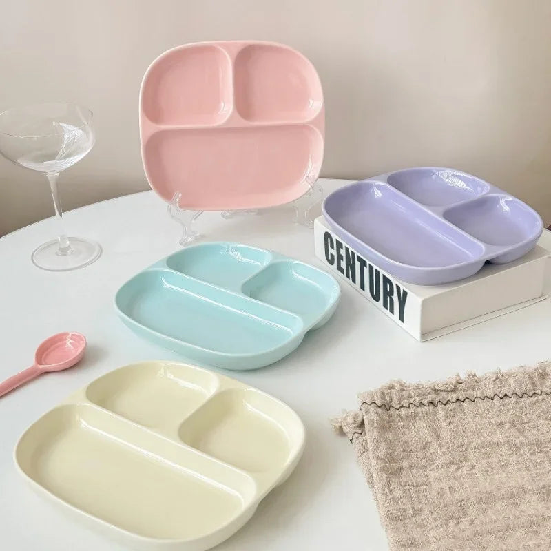 3Grid Ceramic Dinner Plates Solid Color Serving Dishes Salad Dinnerware Dining Compartment Plate Kitchen Eco-friendly Tableware Good Vibrations