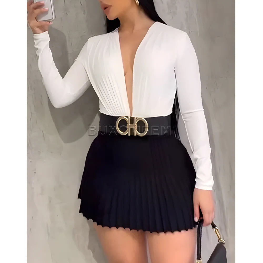 Women's Fashionable Long Sleeved Two-Piece Skirt Set Ladies Stylish Jumpsuits Streetwear Female Outfits Evening Party Clothings Good Vibrations