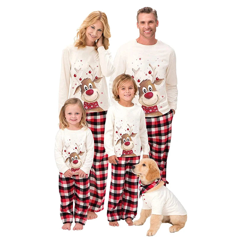 Family Christmas Matching Pajamas Set 2026 New Year Xmas Clothes Father Mom and Me Deer Top Red Plaid Pants Nightwear Pjs Outfit Good Vibrations