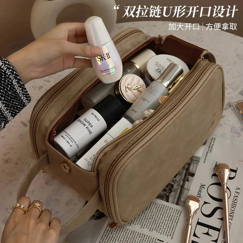 Multifunctional Makeup Bag For Women PU Leather Large Capacity Portable Double Zipper Travel Makeup Brush Toiletries Storage Bag Good Vibrations