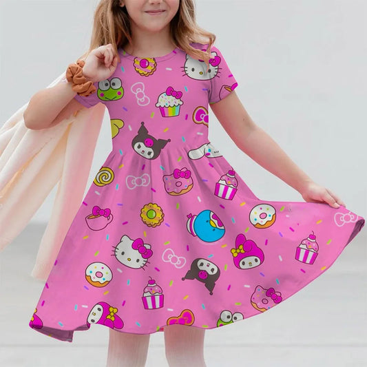 Sanrio 2025 New Summer 3-14 Year Old Girl Kuromi Hello Kitty Printed Short Sleeved Dress Loose And Comfortable Party Home Dress Good Vibrations