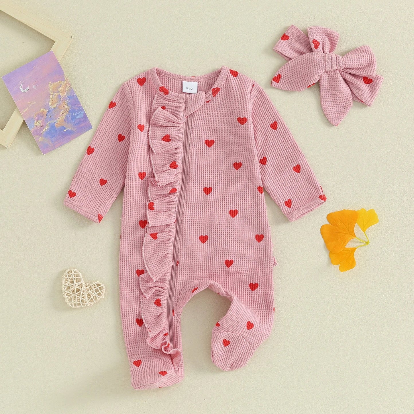 Pudcoco Baby Girls Valentines Day Foot Cover Jumpsuit Long Sleeve Crew Neck Heart Print Ruffle Zipper Footies with Headband 0-6M Good Vibrations