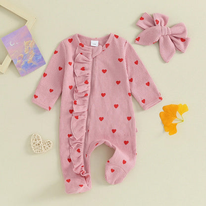 Pudcoco Baby Girls Valentines Day Foot Cover Jumpsuit Long Sleeve Crew Neck Heart Print Ruffle Zipper Footies with Headband 0-6M Good Vibrations