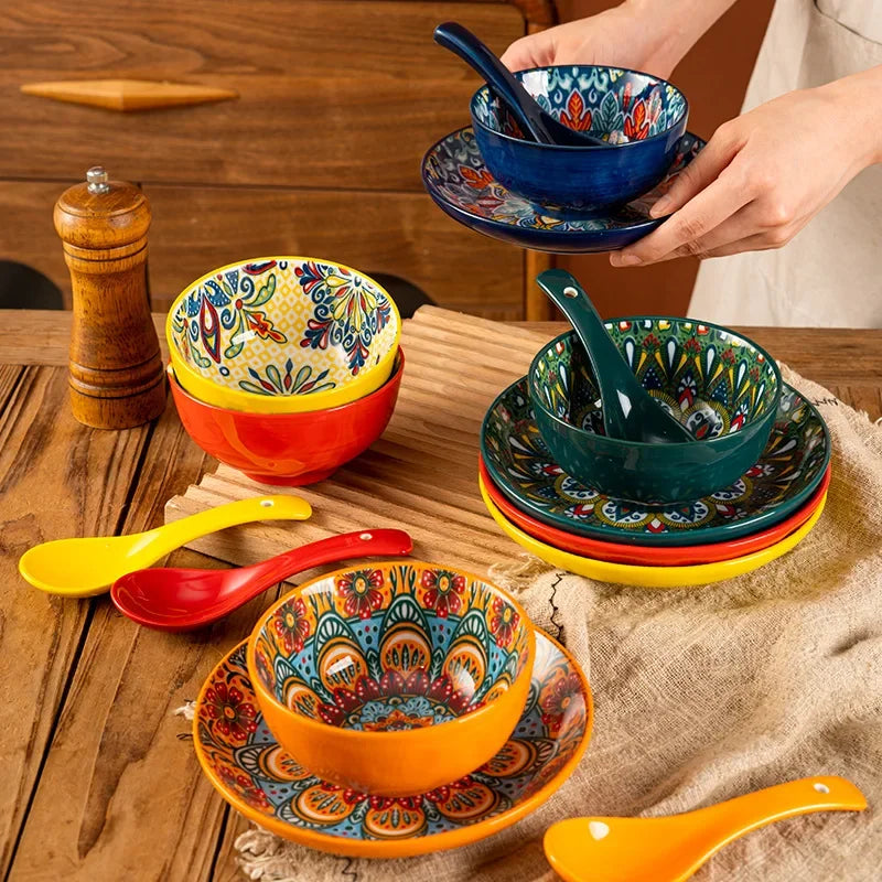 Ceramic Tableware Set Three-Piece Household Rice Bowl Plate Spoon Set Restaurant Hot Pot Barbecue Shop Commercial Good Vibrations