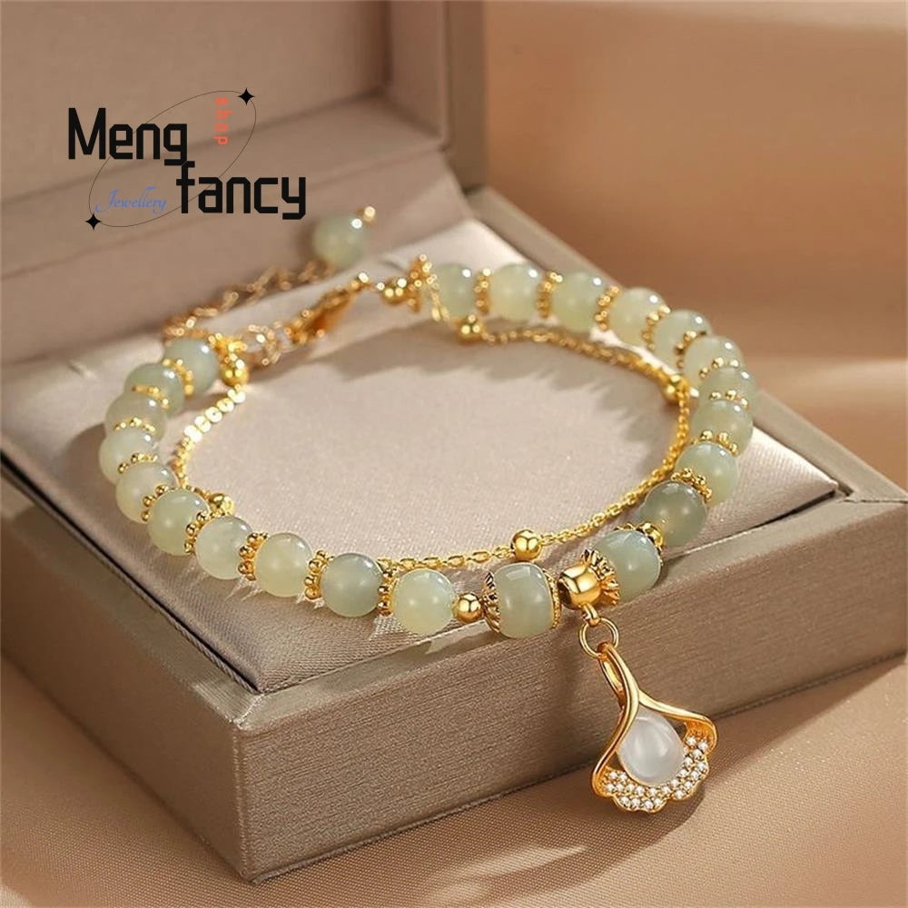 Natural Hetian Jasper Three Lifetimes Have Apricots Meet You Double Apricot Leaf Bracelet Exquisite Charm Luxury Fashion Jewelry Good Vibrations