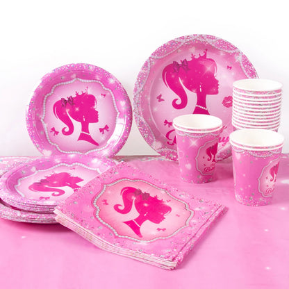 Pink Girls Party Disposable Tableware Paper Plate Cup Napkin Princess Kids Girl Birthday Party Decor Baby Shower Decor Supplies Good Vibrations