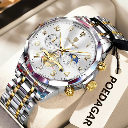 POEDAGAR Luxury High Quality Man Wristwatch Chronograph Stainless Steel Quartz Men's Watches Waterproof Luminous Men Clock Reloj Good Vibrations