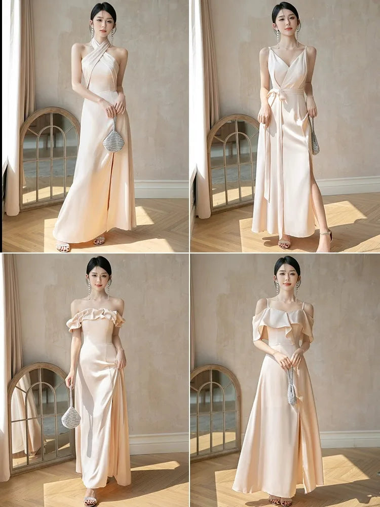 4styles Champagne Bridesmaid Dress Women's Elegant Satin Ruffles Design Off Shoulder Ankle Length Wedding Party Guest Vestido Good Vibrations