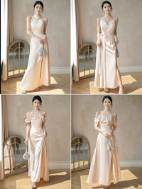 4styles Champagne Bridesmaid Dress Women's Elegant Satin Ruffles Design Off Shoulder Ankle Length Wedding Party Guest Vestido Good Vibrations