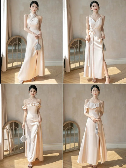 4styles Champagne Bridesmaid Dress Women's Elegant Satin Ruffles Design Off Shoulder Ankle Length Wedding Party Guest Vestido Good Vibrations