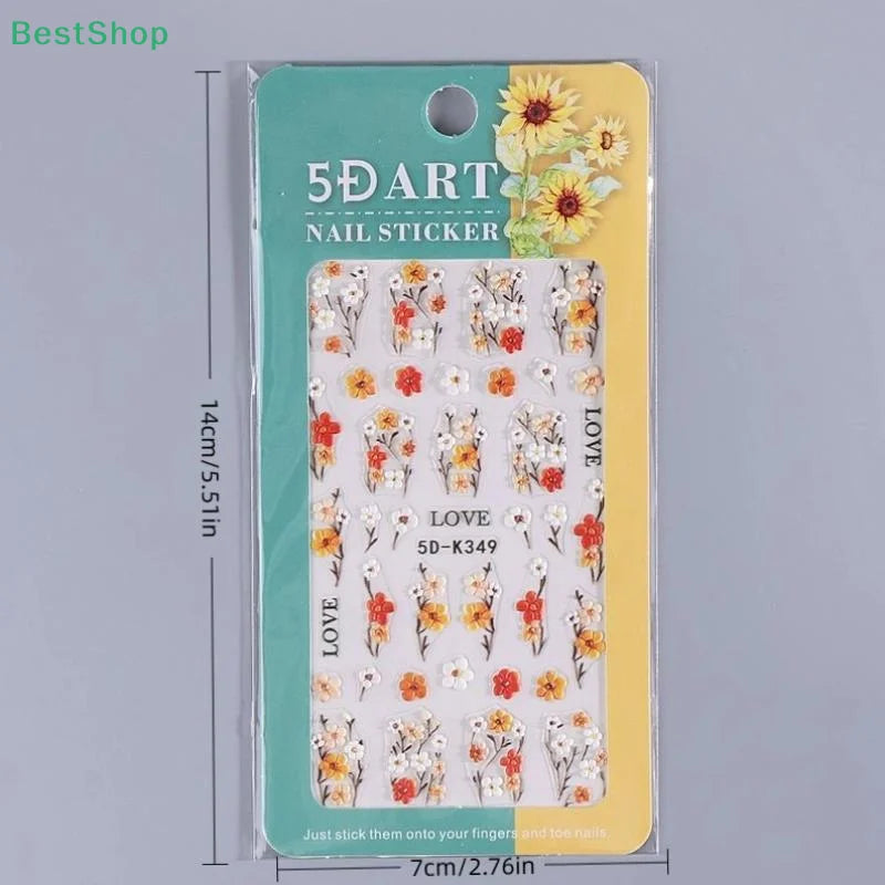 ★★★Colorful 5D Flower Embossed Nail Stickers Fresh Floral Designs Five-Petal Flower Self-Adhesive DIY Nail Art Decals Good Vibrations