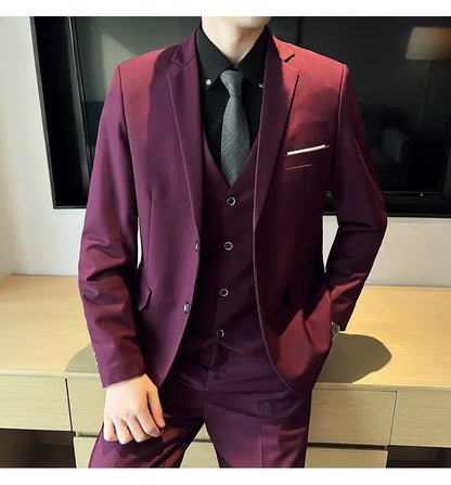 Suit (suit +Vest+Pants) Formal Business Men Four Seasons Professional Fashion Gentleman Solid Color Outdoor British Style Suit
