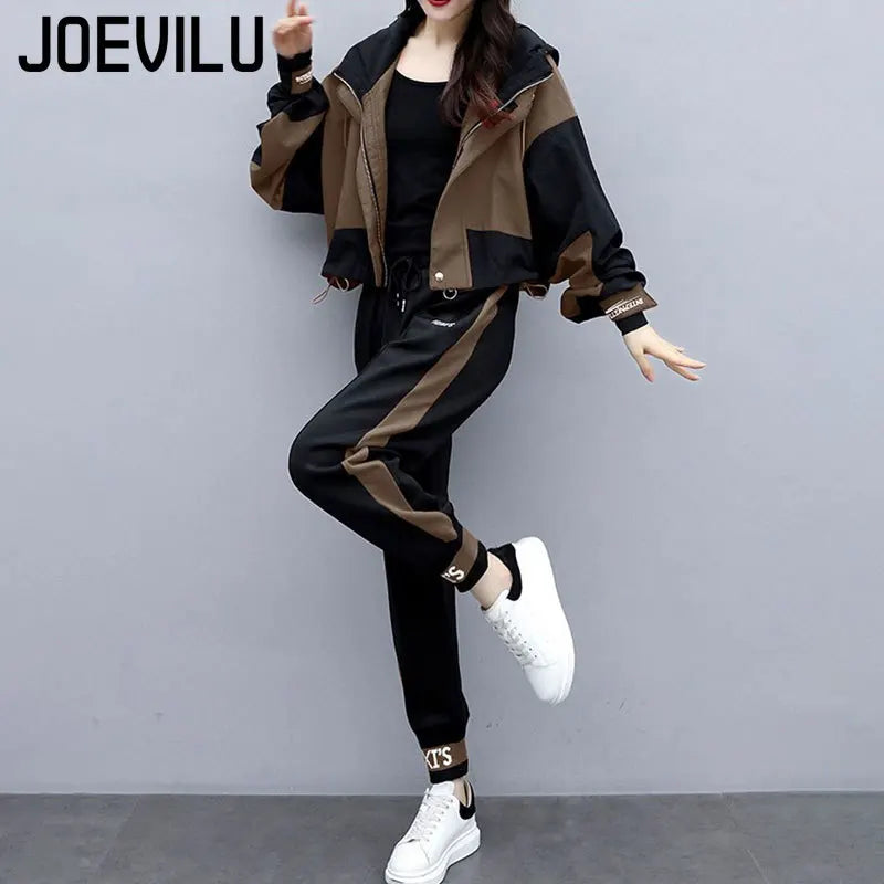 JOEVILU 2PCS Casual Tracksuit Loose Jacket Track Pants 2 Piece Sets Women's Outfits Spring/Autumn Korean Streetwear Leisure Suit Good Vibrations