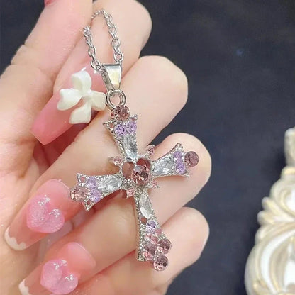 Подвеска Cross Necklace For Women Rhinestone Pendant Clavicle Chain Charm Party Jewelry Gifts Punk Pink Purple Zircon Gothic Good Vibrations