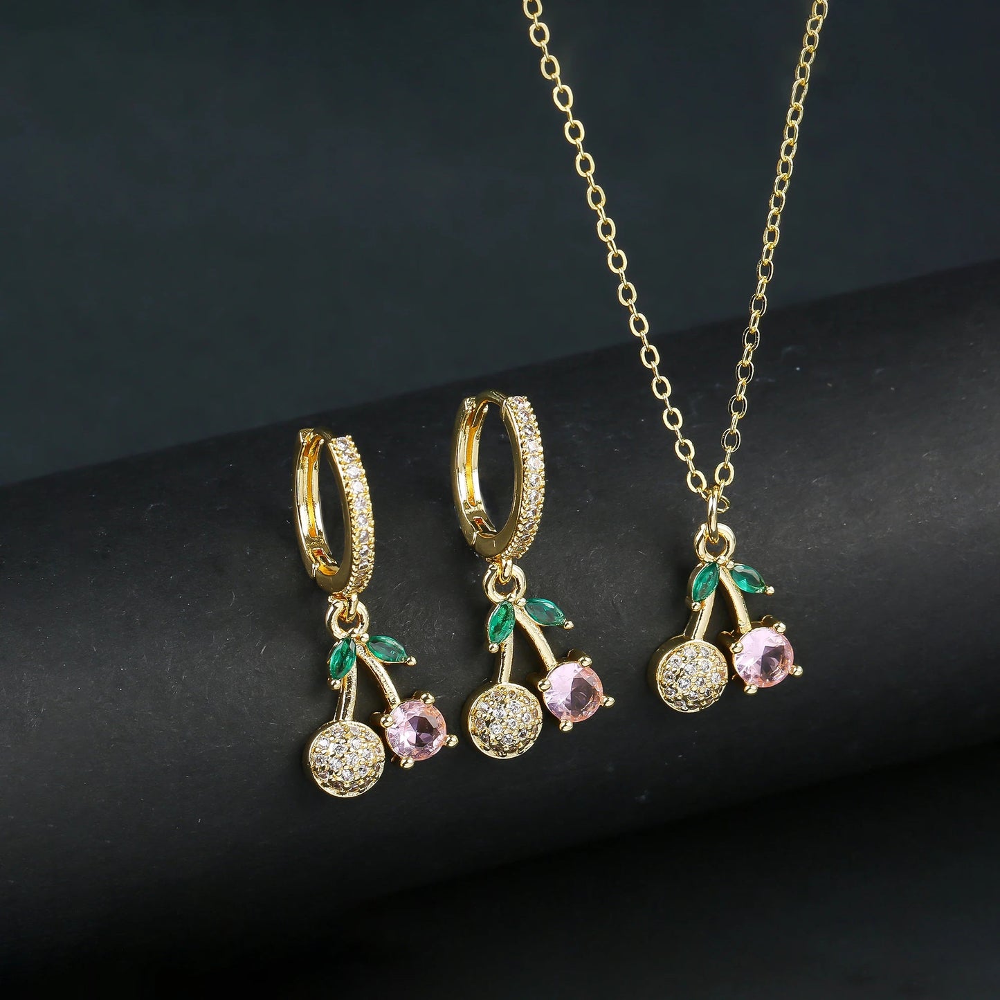 Light Luxury Crystal Zirconia Red Cherry Jewelry Set Earrings Necklace for Women Girls Sweet Jewelry Accessories Party Gifts Good Vibrations Adult Super Store